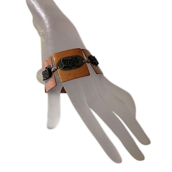 Vintage Copper Bracelet Music Notes Treble Clef Square Panel Links MCM Chunky - Picture 8 of 16